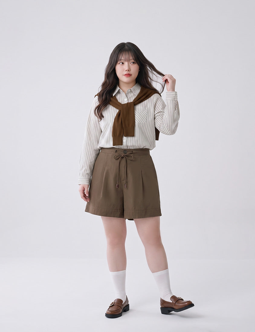 Contrast Stripe Long Sleeve Plus Size Shirt (With Shawl)