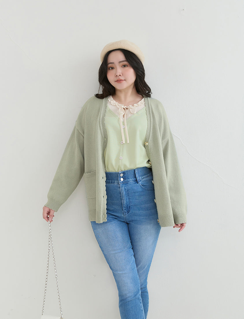 Cute Lettuce Trim V-Neck Knit Plus Size Cardigan
