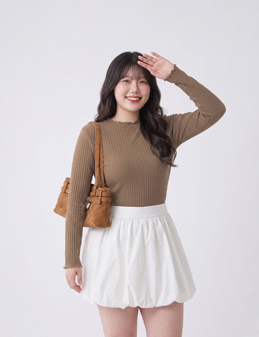 Soft Wide Ribbed Ruffle-Trim Long Sleeve Plus Size Top