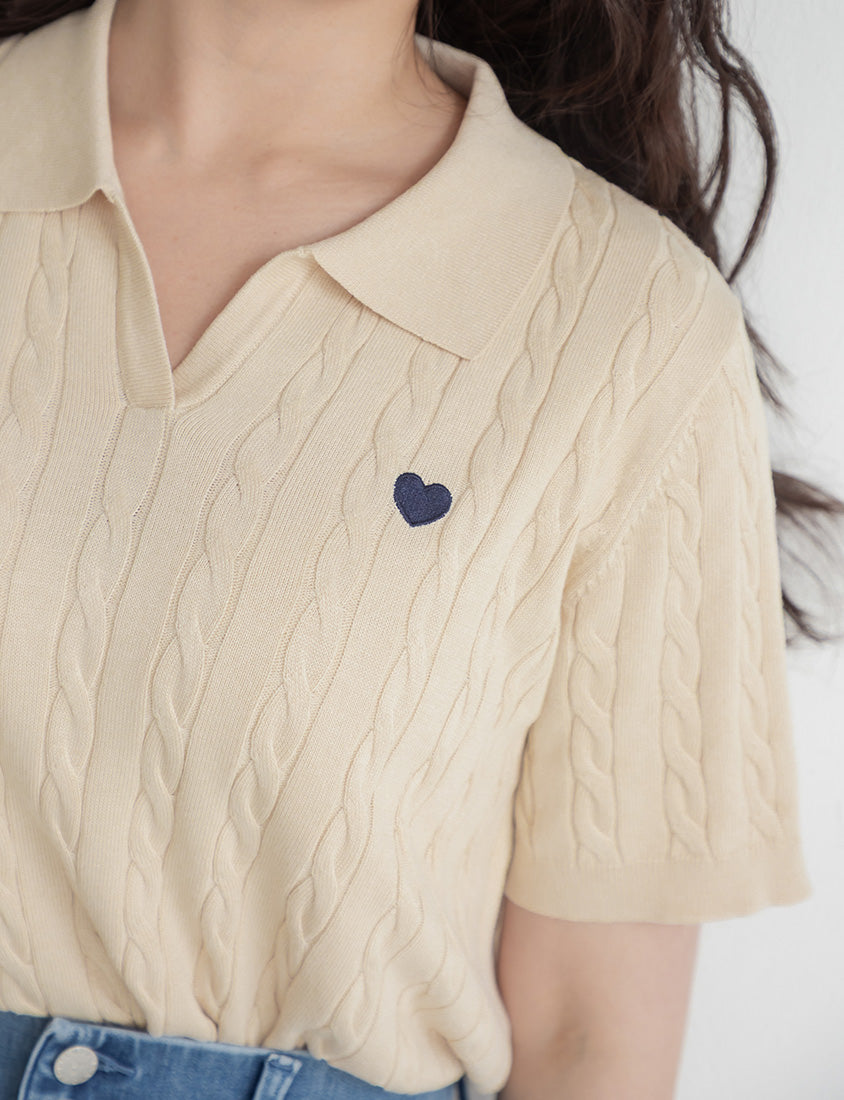 Heart Embroidered V-Neck Cable Knit Short Sleeve Plus Size Top