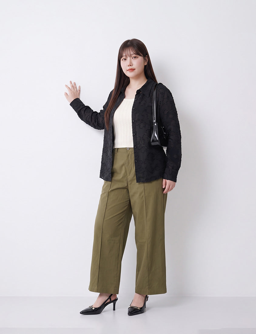 MISS. Japanese-Inspired Lace Sheer Jacquard Plus Size Shirt
