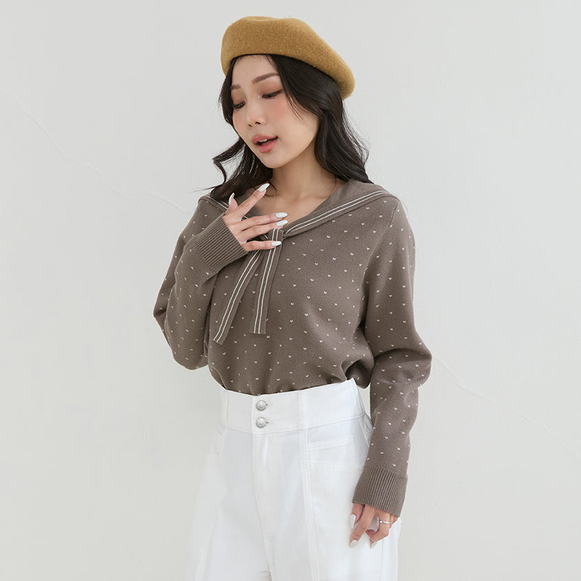 Sweet Heart Sailor Collar Long Sleeve Knit Plus SizeTop