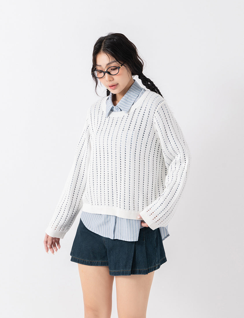 Crew Neck Openwork Ribbed Knit Long Sleeve Plus Size Top