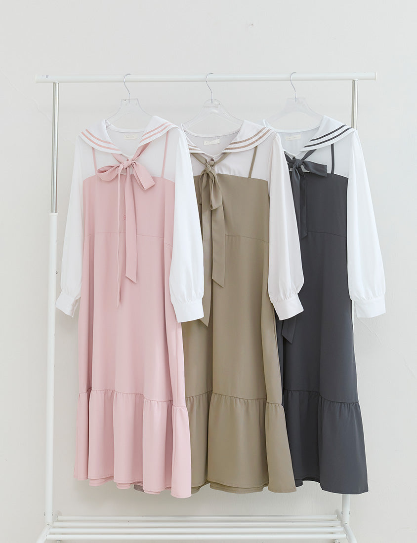 Contrast Sailor Collar Faux Two Piece Plus Size Maxi Dress (With Waist Tie)