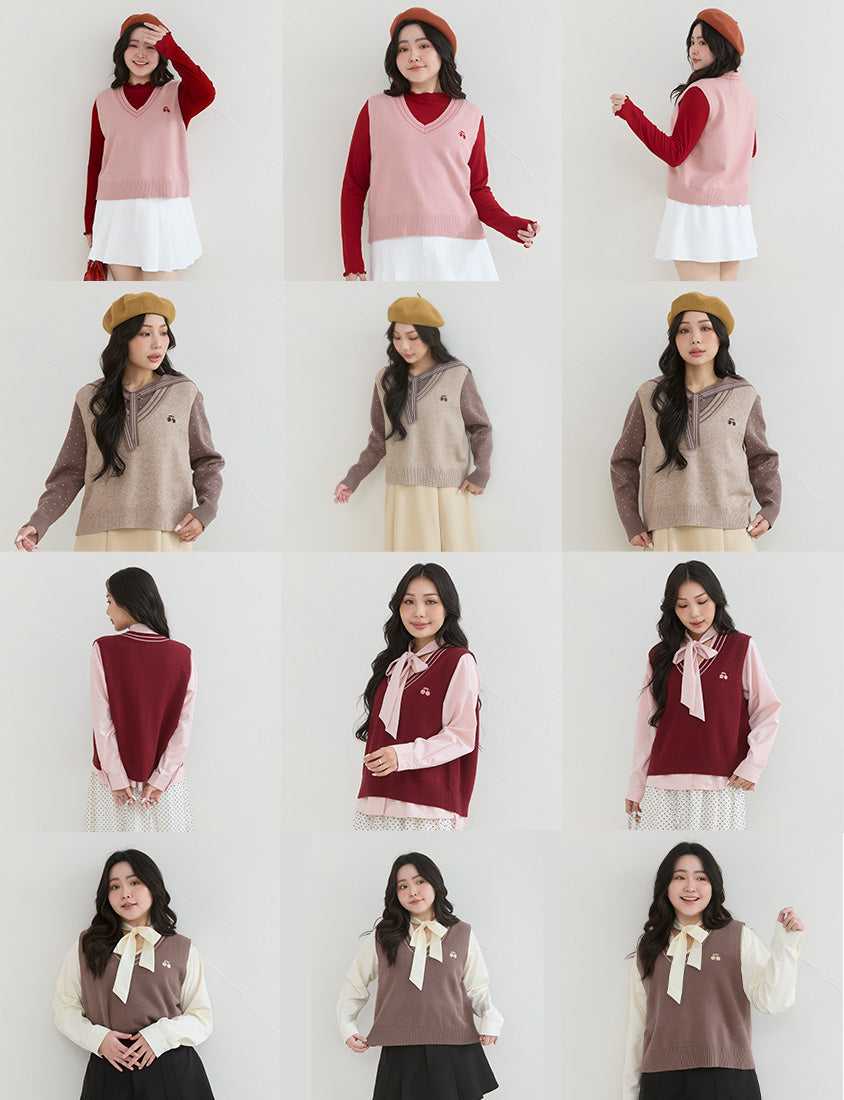 Preppy Cherry Embroidered Cropped Knit Plus Size Vest