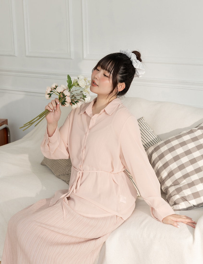 Sheer Shirt With Strap Dress Plus Size Set (With Waist Tie)