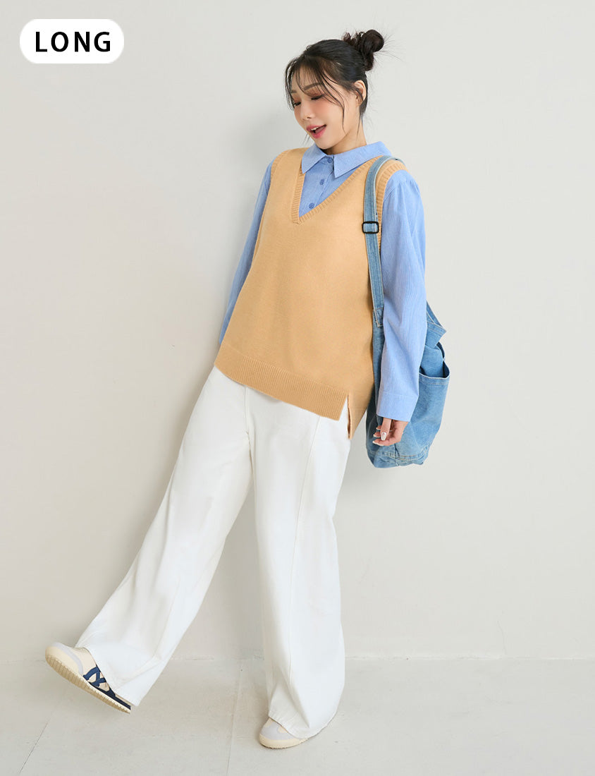 Versatile Multicolor V-Neck Mid-Length Plus Size Knit Vest