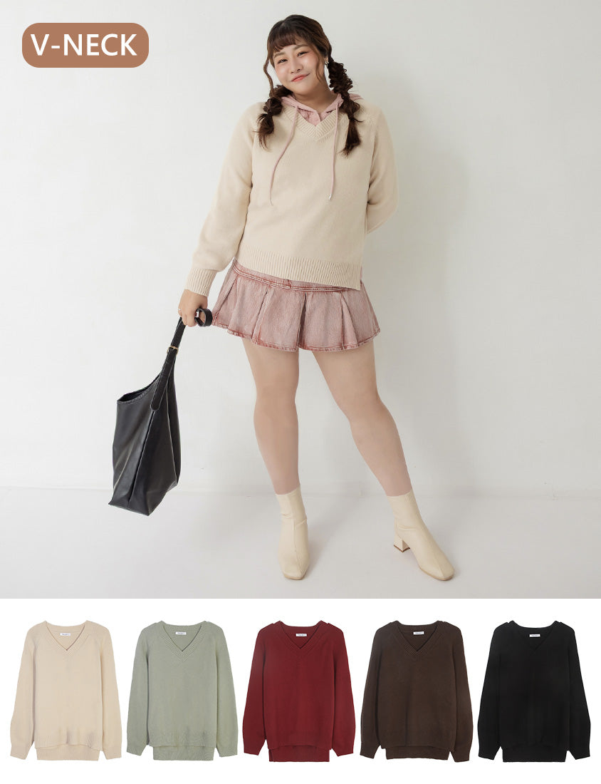 Soft Stretch Warm Multicolor V-Neck Plus Size Long Sleeve Knit Top