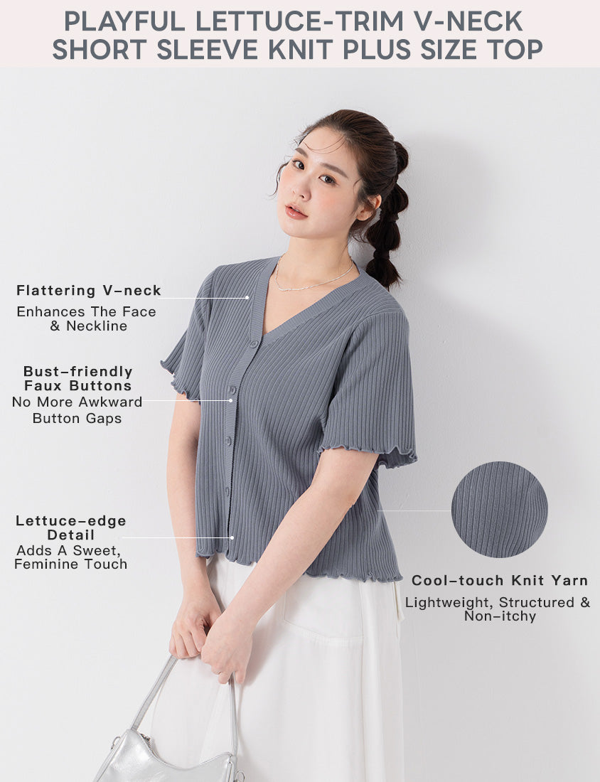 Playful Lettuce-Trim V-Neck Short Sleeve Knit Plus Size Top