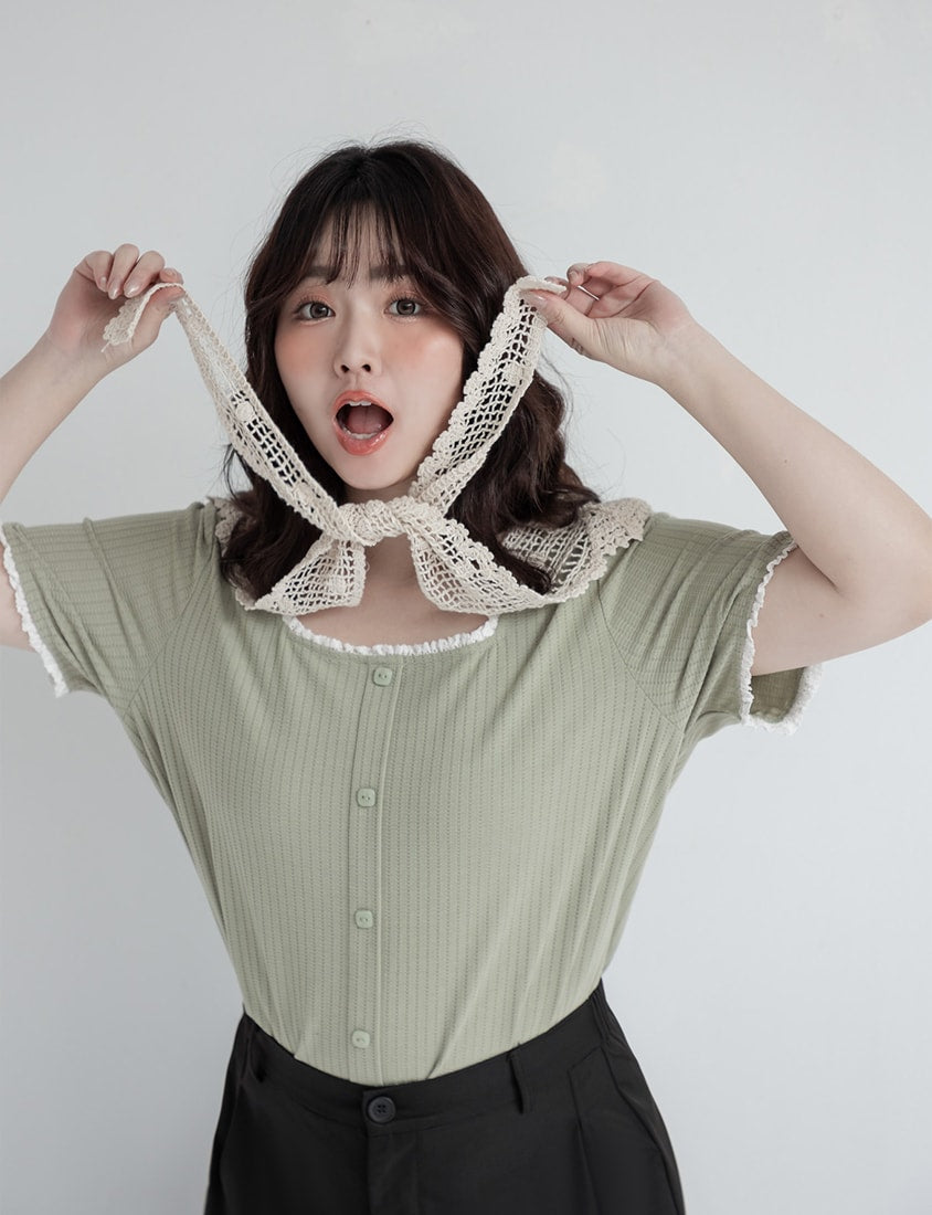 Lace Square Neck Waffle Plus Size Knit Top