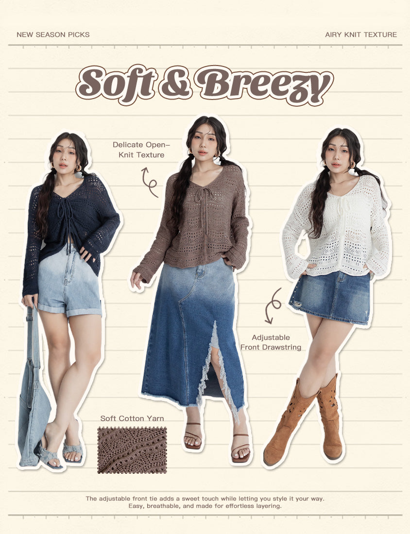 MUA! Lace Openwork Drawstring Knit Plus Size Top