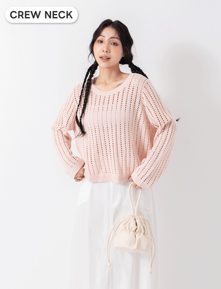 Crew Neck Openwork Ribbed Knit Long Sleeve Plus Size Top