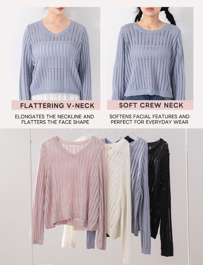 V-Neck Openwork Ribbed Knit Long Sleeve Plus Size Top