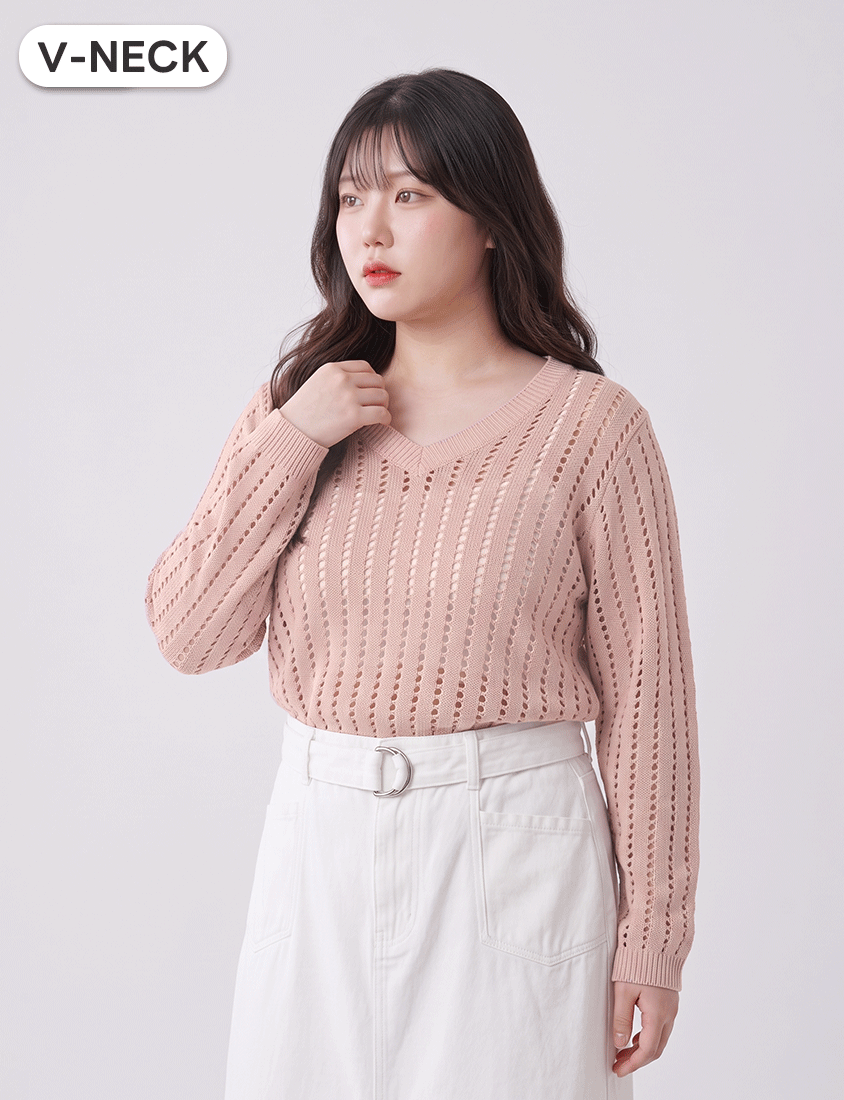 V-Neck Openwork Ribbed Knit Long Sleeve Plus Size Top
