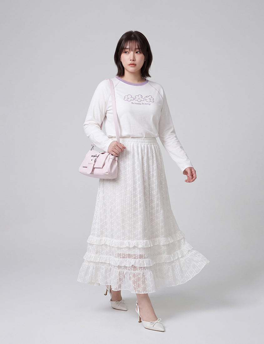 Contrast Floral Puff Print Long-Sleeve Plus Size Tee