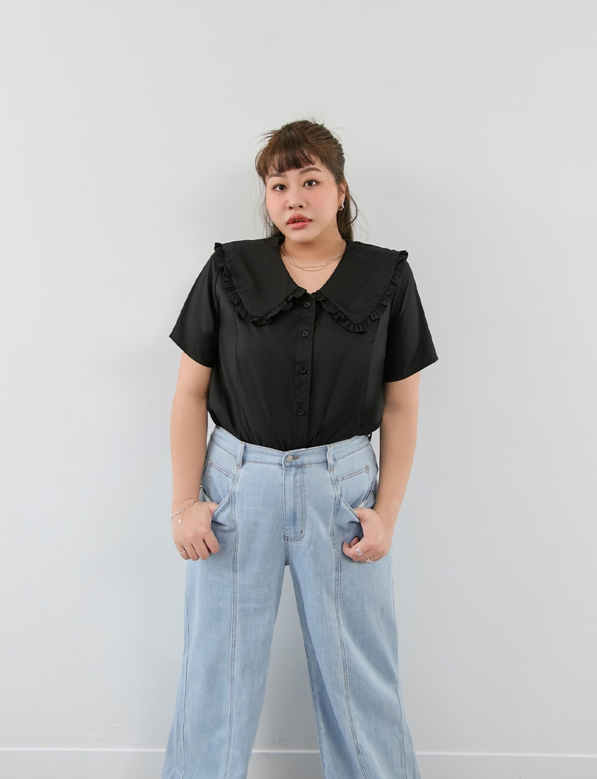 Playful Ruffle Collar Plus Size Short Sleeve Shirt