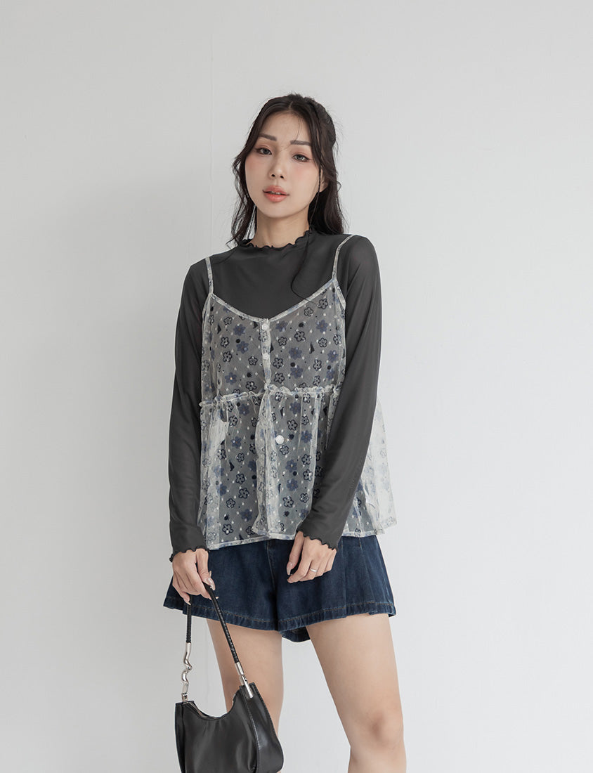 Versatile Ruffle Trim Sheer Long Sleeve Plus Size Top
