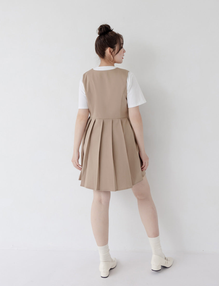 Square Neck Button Pleated Plus Size Mini Dress