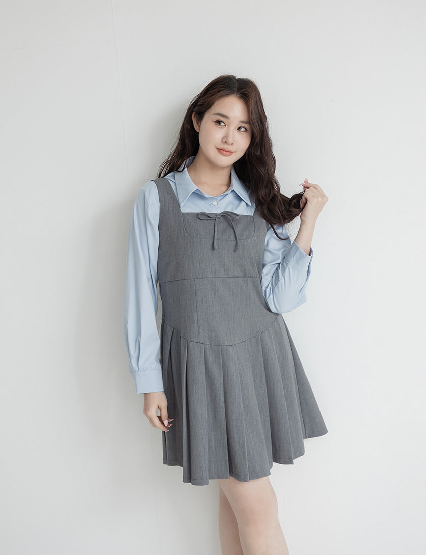 Square Neck Tie-Front Pleated Pinafore Plus Size Mini Dress