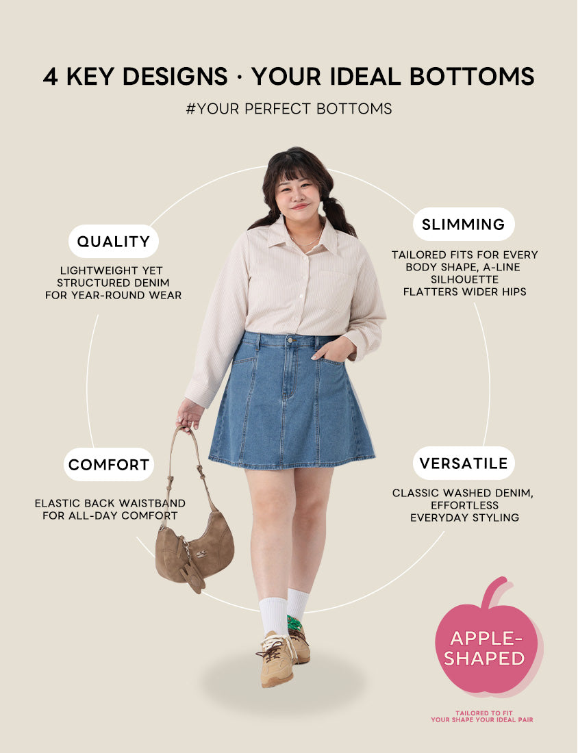 Apple-Shaped Friendly! Perfect Fit Seamed A-Line Denim Plus Size Mini Skirt