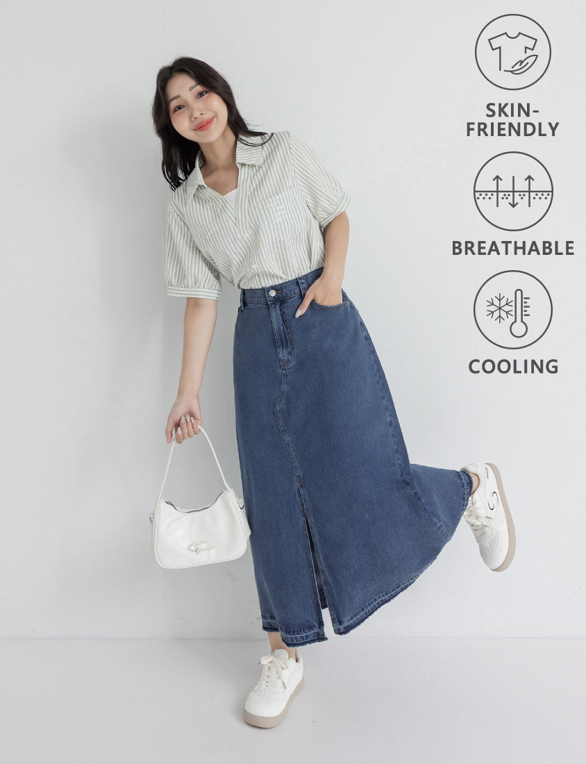 Cooling Tencel Denim Slit Plus Size Maxi Skirt