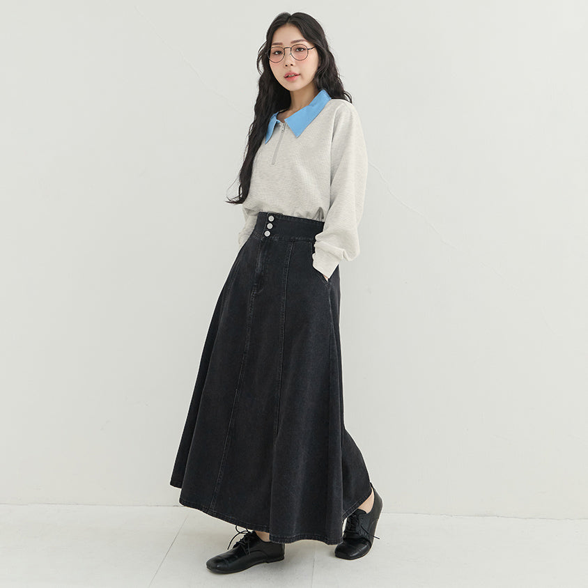 High Waist Flared Denim Plus Size Maxi Skirt