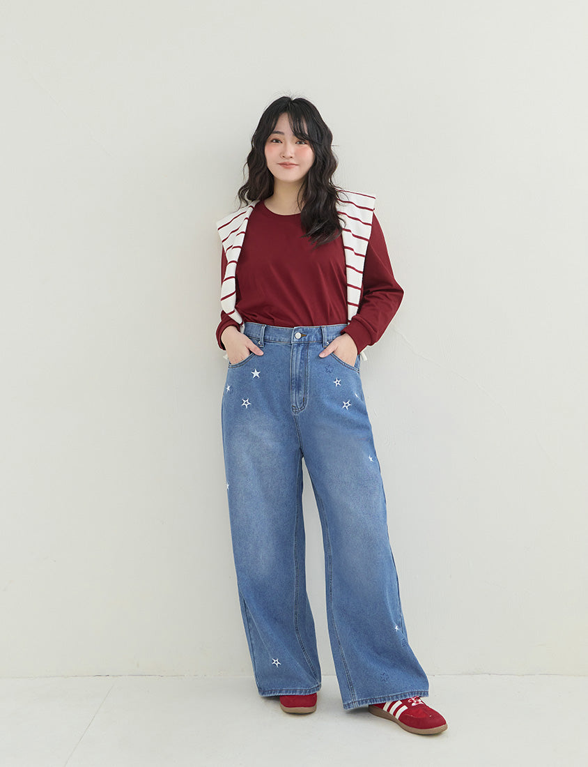Star Embroidered Denim Plus Size Wide Leg Jeans