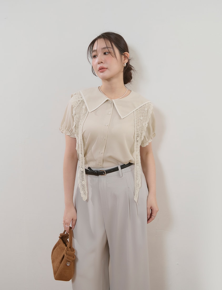 MISS. Contrast Doll Collar Heart Button Plus Size Shirt