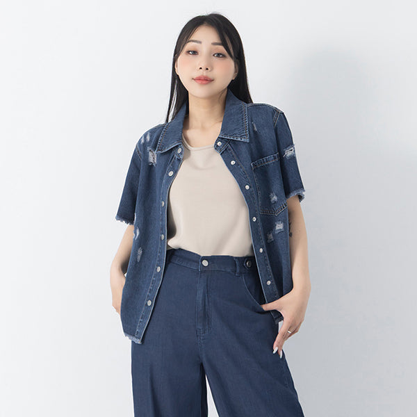 Tencel Silky Denim Distressed Plus Size Shirt Jacket