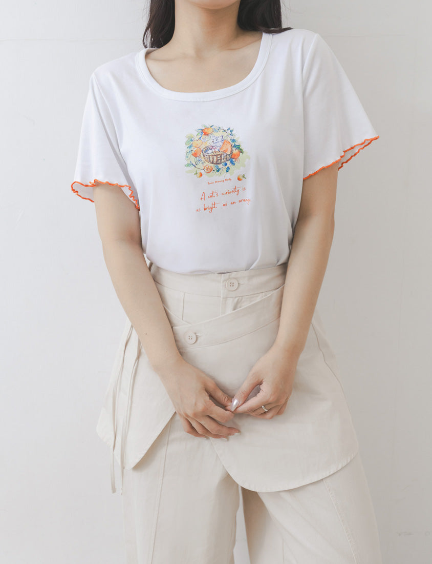 Crew Neck Contrast Ruffle Trim Plus Size Graphic Tee (Illustrator Collaboration)