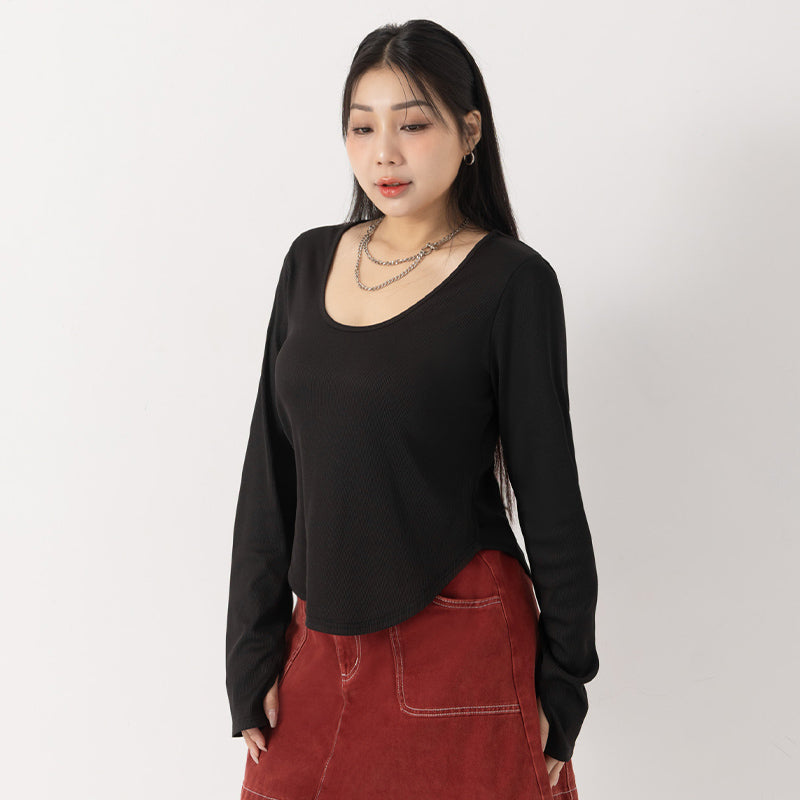 MUA! U-Neck Ribbed Curved Hem Plus Size Long Sleeve Top