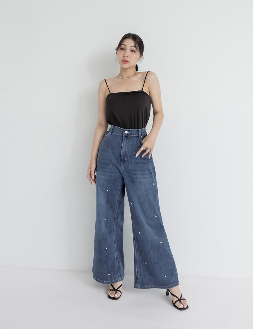 Pearl Embellished Stretch Denim Plus Size Wide Leg Pants