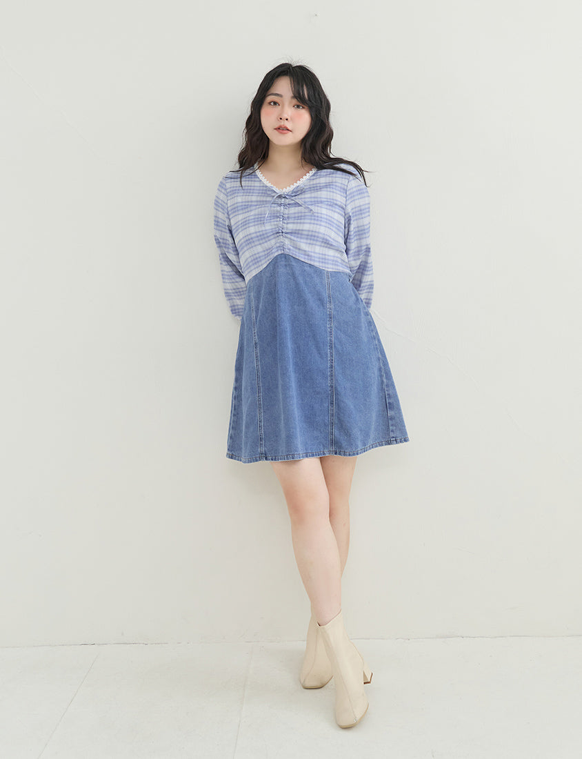 Vintage Plaid Faux Two-Piece Denim Plus Size Mini Dress