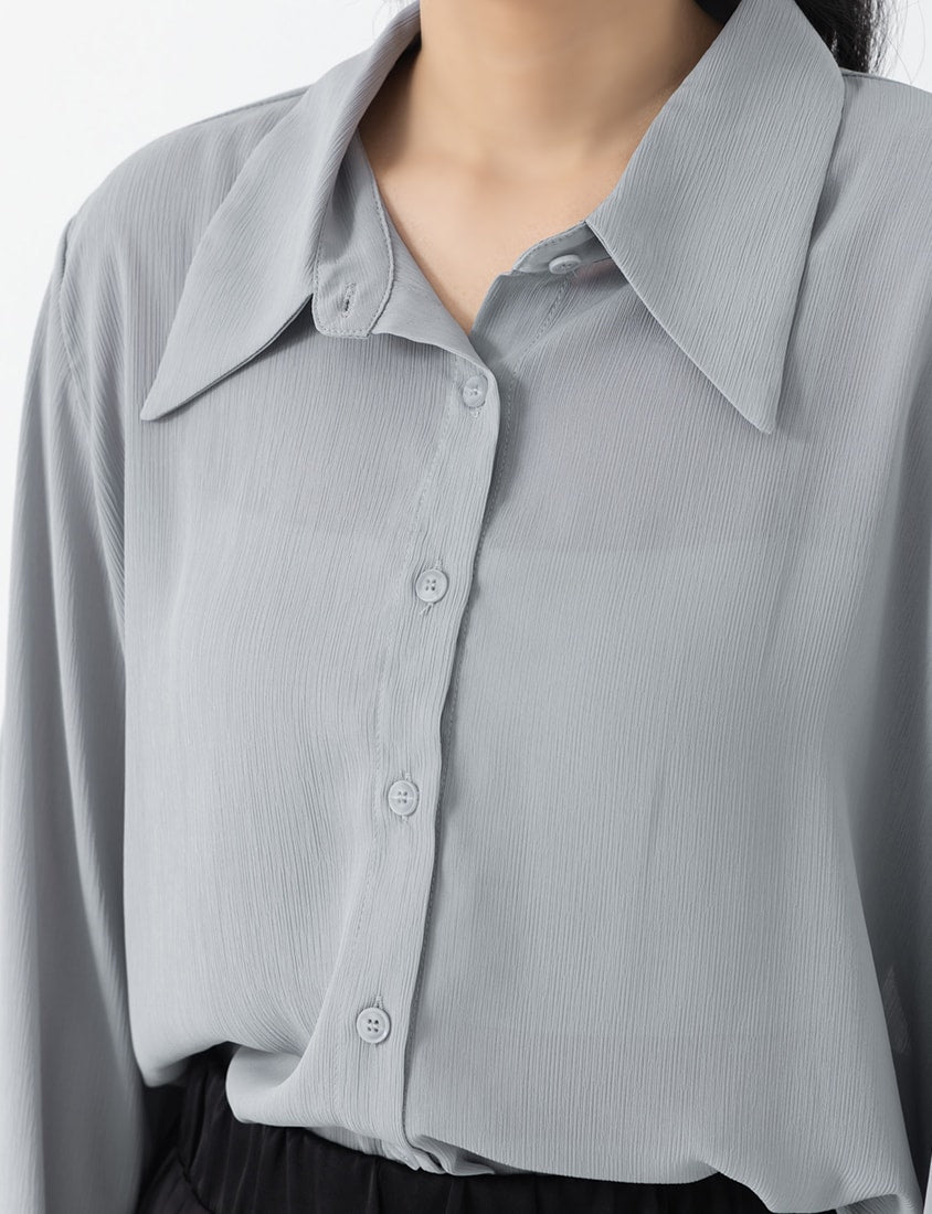 Sheer Crinkle Bell Sleeve Cropped Plus Size Shirt