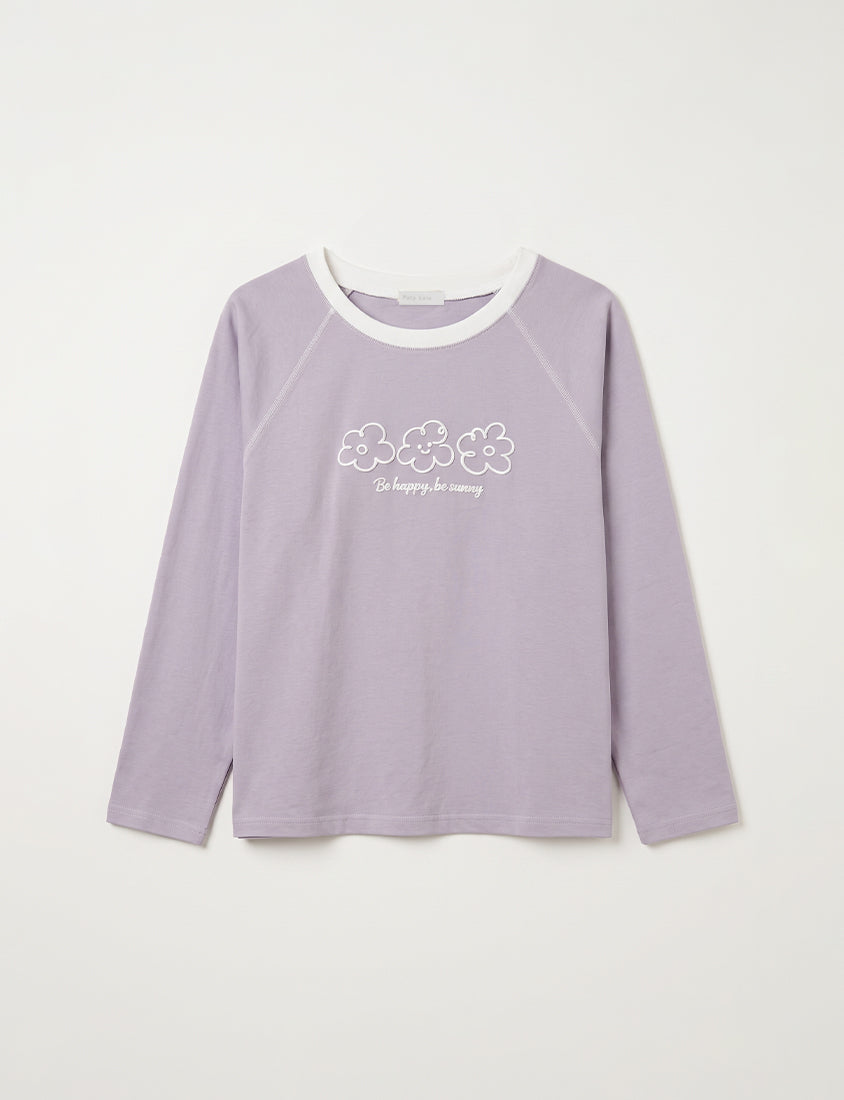 Contrast Floral Puff Print Long-Sleeve Plus Size Tee