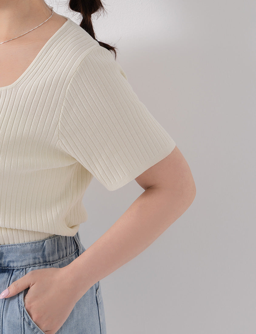 Classic Multicolor Square Neck Ribbed Knit Plus Size Top
