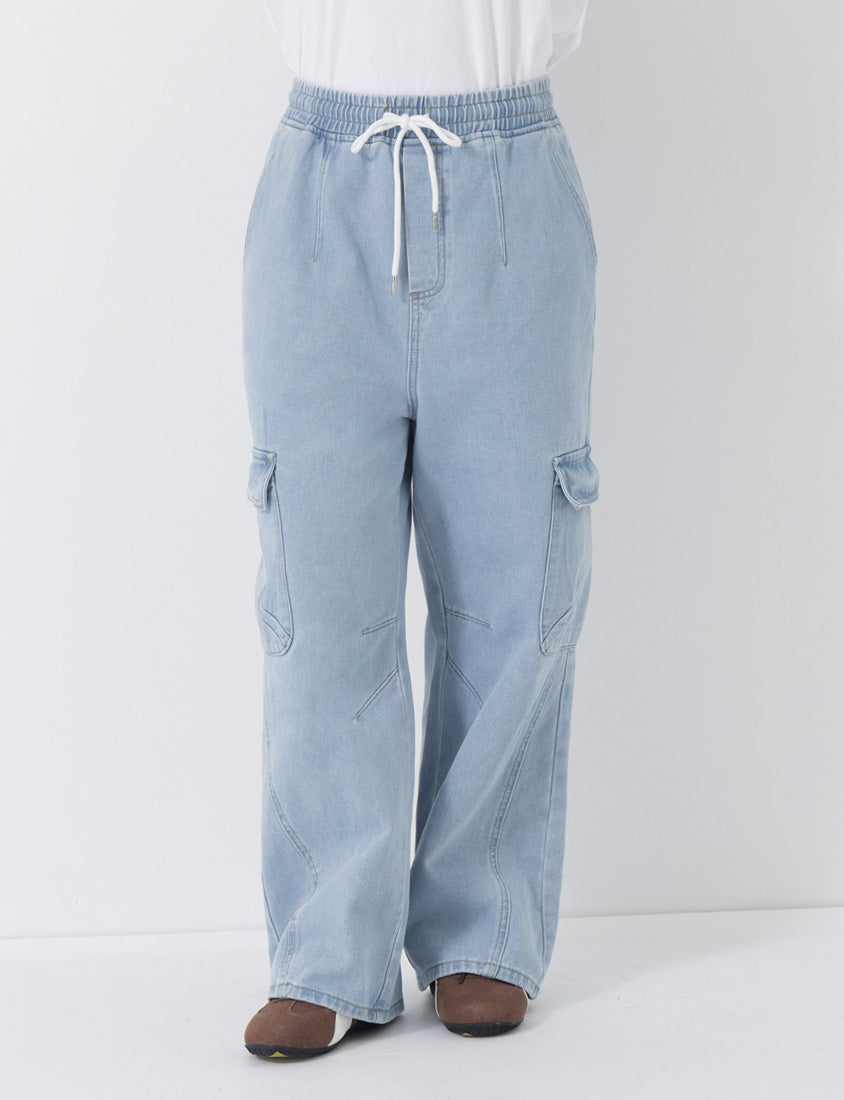 Washed Elastic Waist Plus Size Denim Cargo Pants