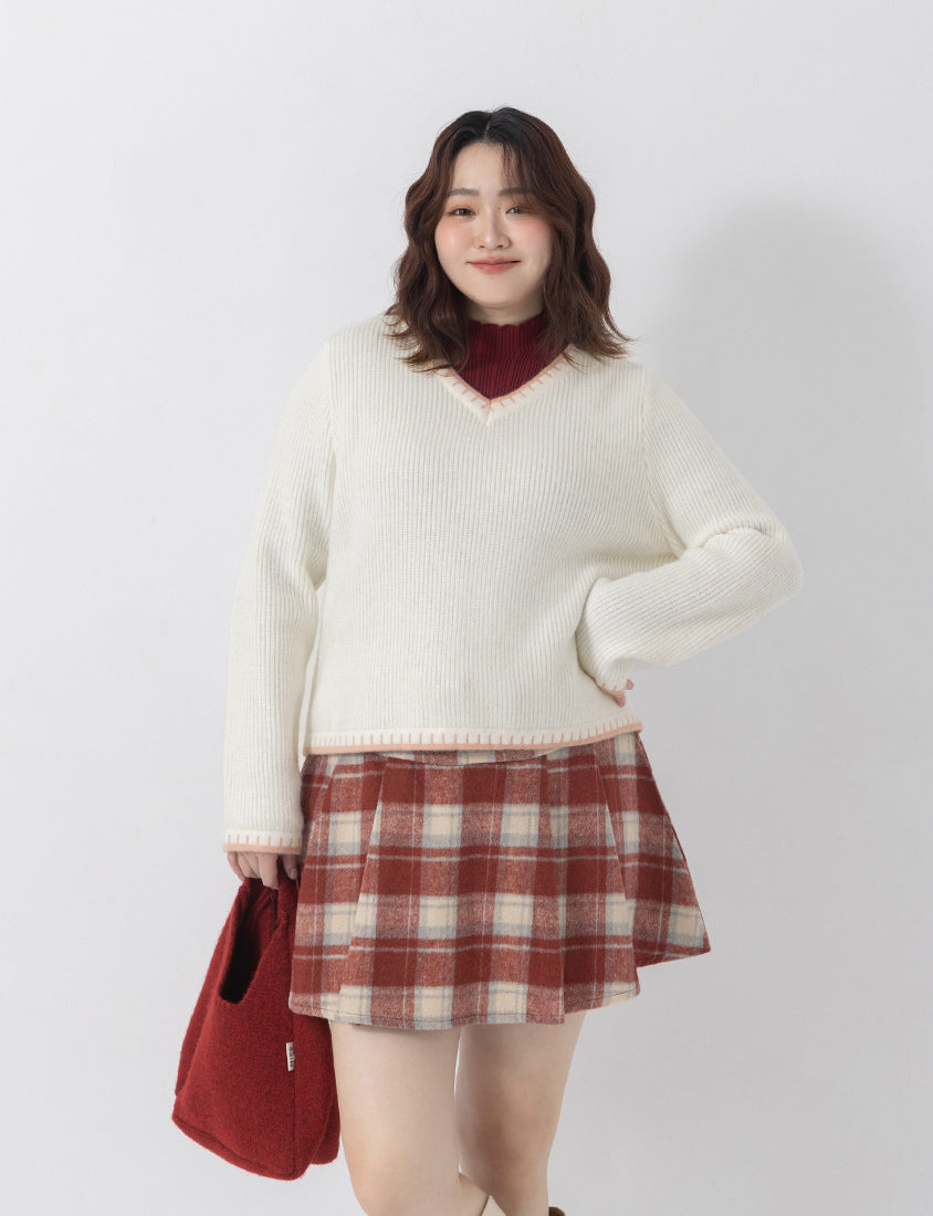 Contrast Trim Multi-Color Plus Size V-Neck Knit Top