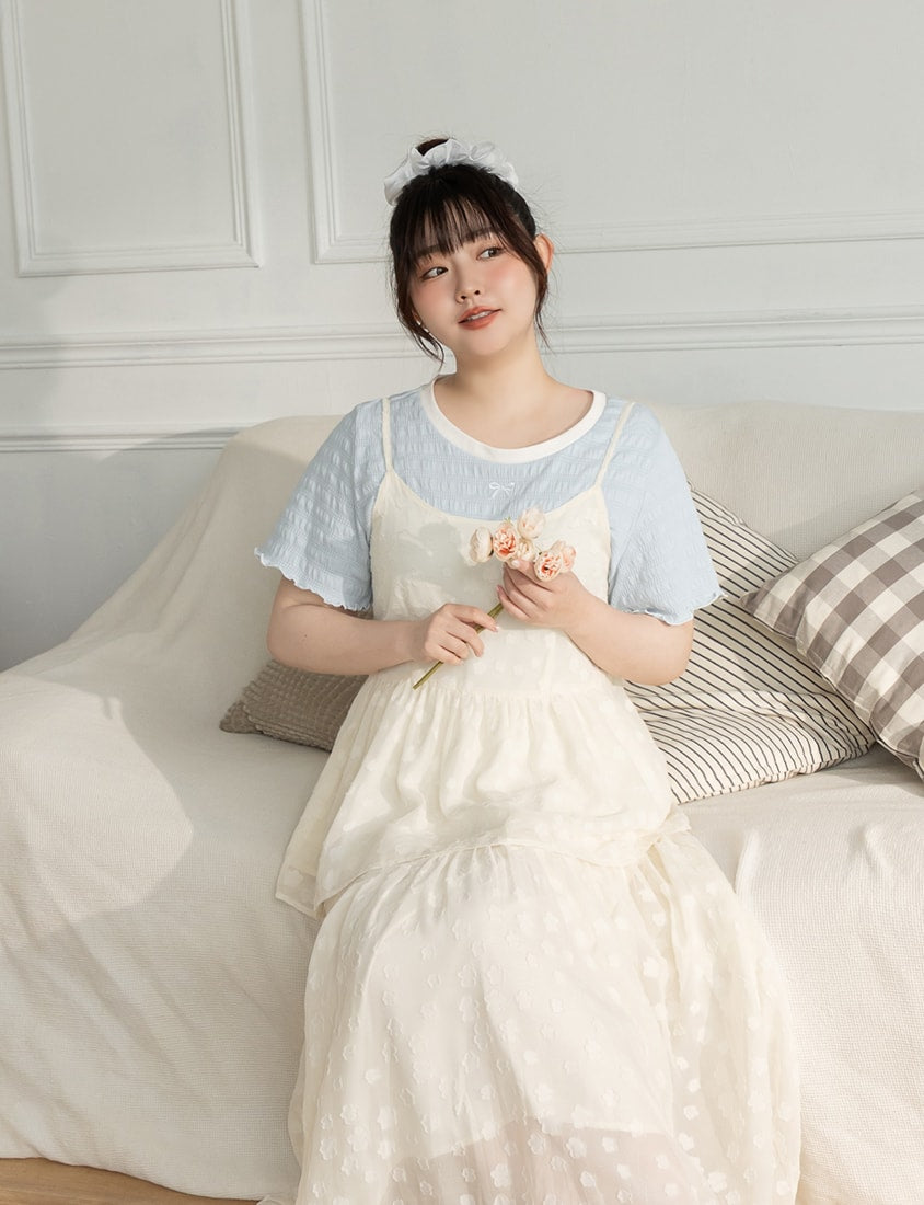 Bow Embroidery Ruffle Crinkle Plus Size Top
