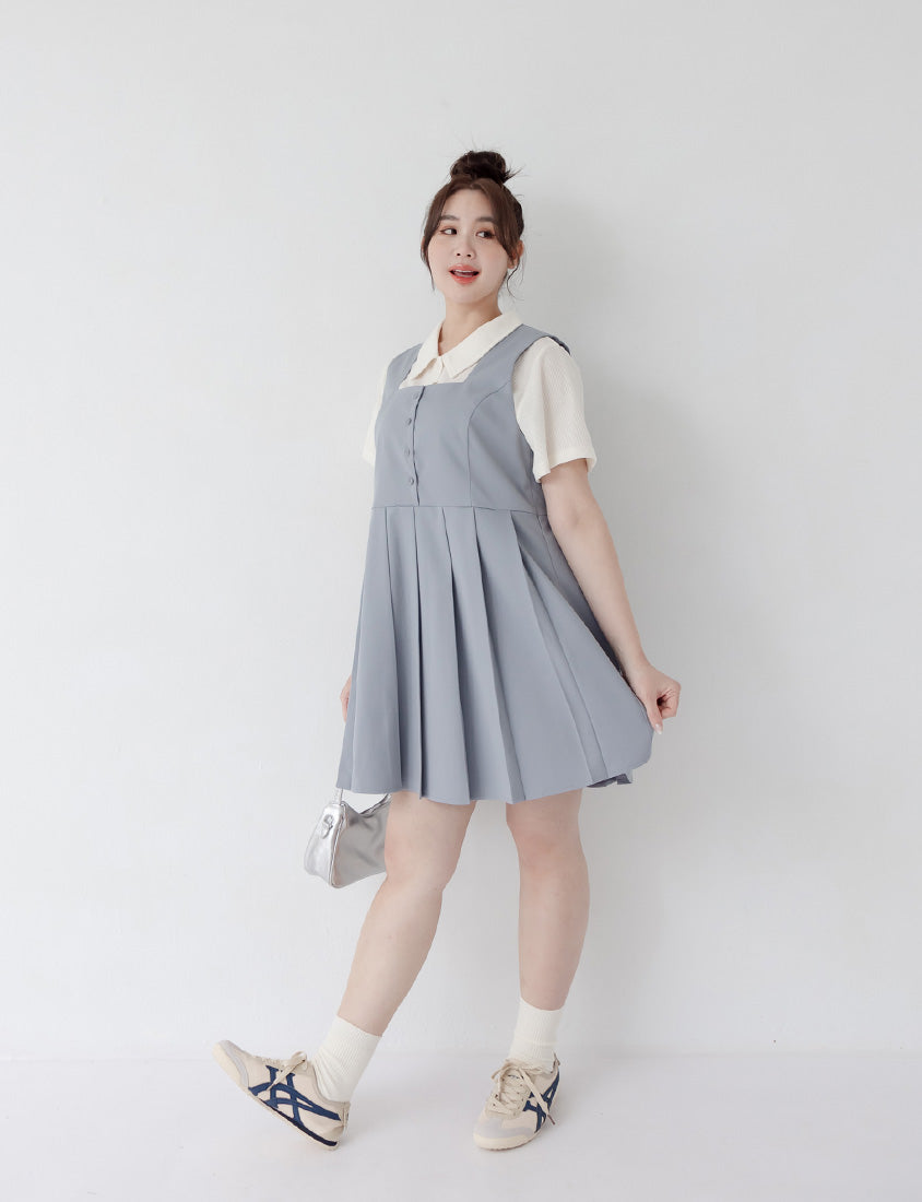Square Neck Button Pleated Plus Size Mini Dress