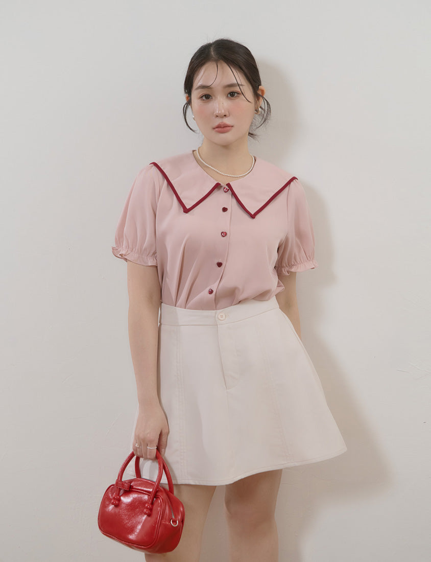 MISS. Contrast Doll Collar Heart Button Plus Size Shirt