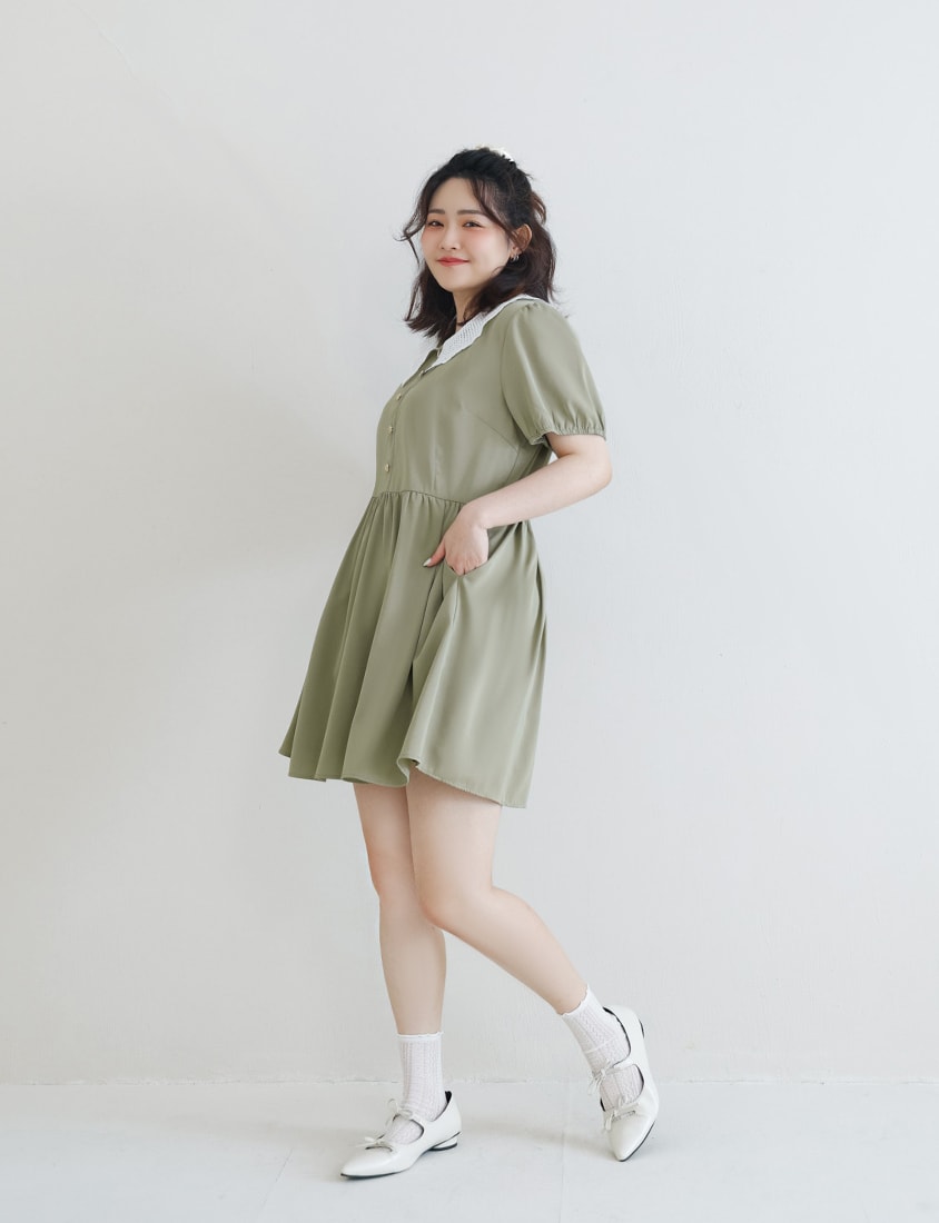 Lace Large-Collar Puff Sleeve Plus Size Mini Dress
