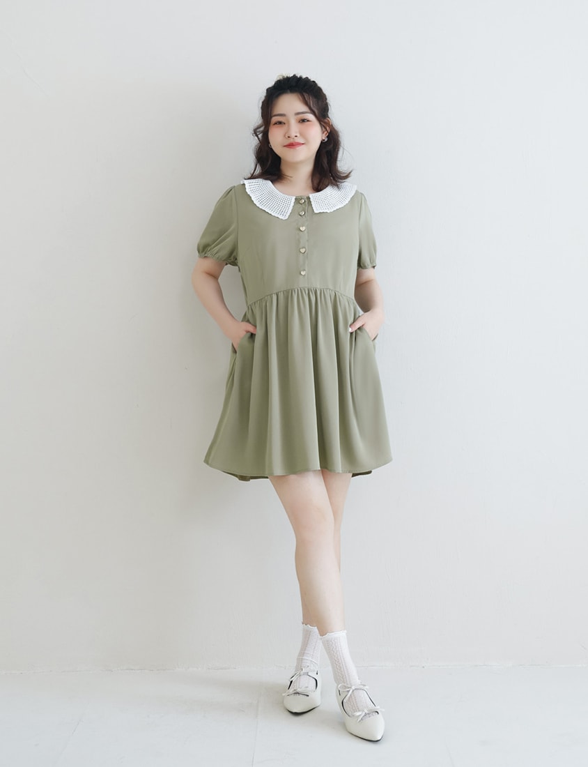 Lace Large-Collar Puff Sleeve Plus Size Mini Dress