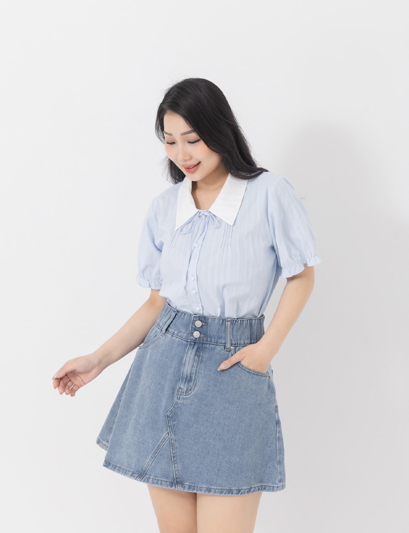 Sweet Pleated Collar Tie-Front Puff Sleeve Plus Size Shirt