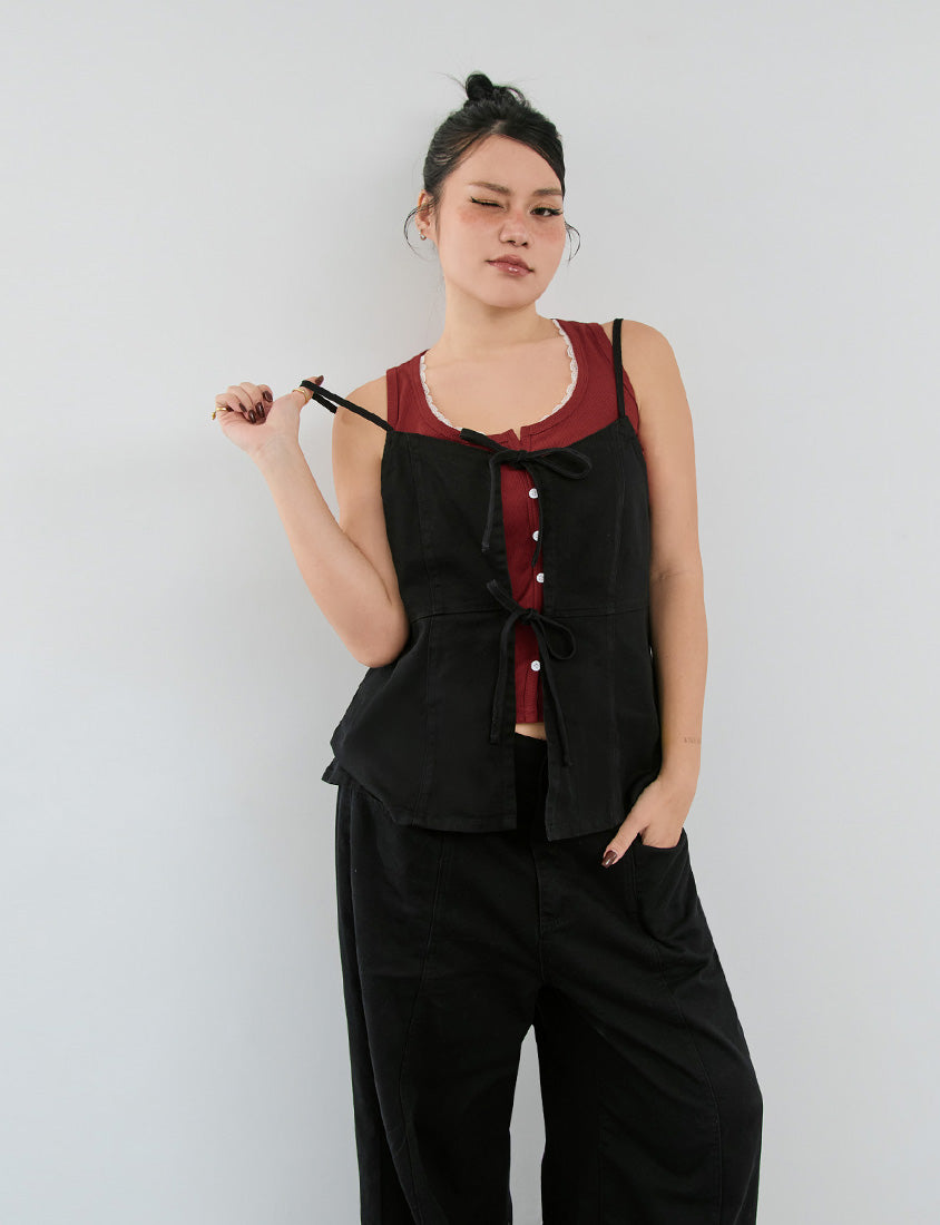 Adjustable Tie Strap Twill Layering Plus Size Camisole Vest