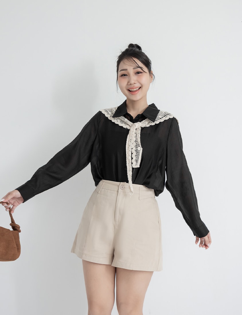Tencel Silky Sheer Back Slit Tie-Front Plus Size Shirt