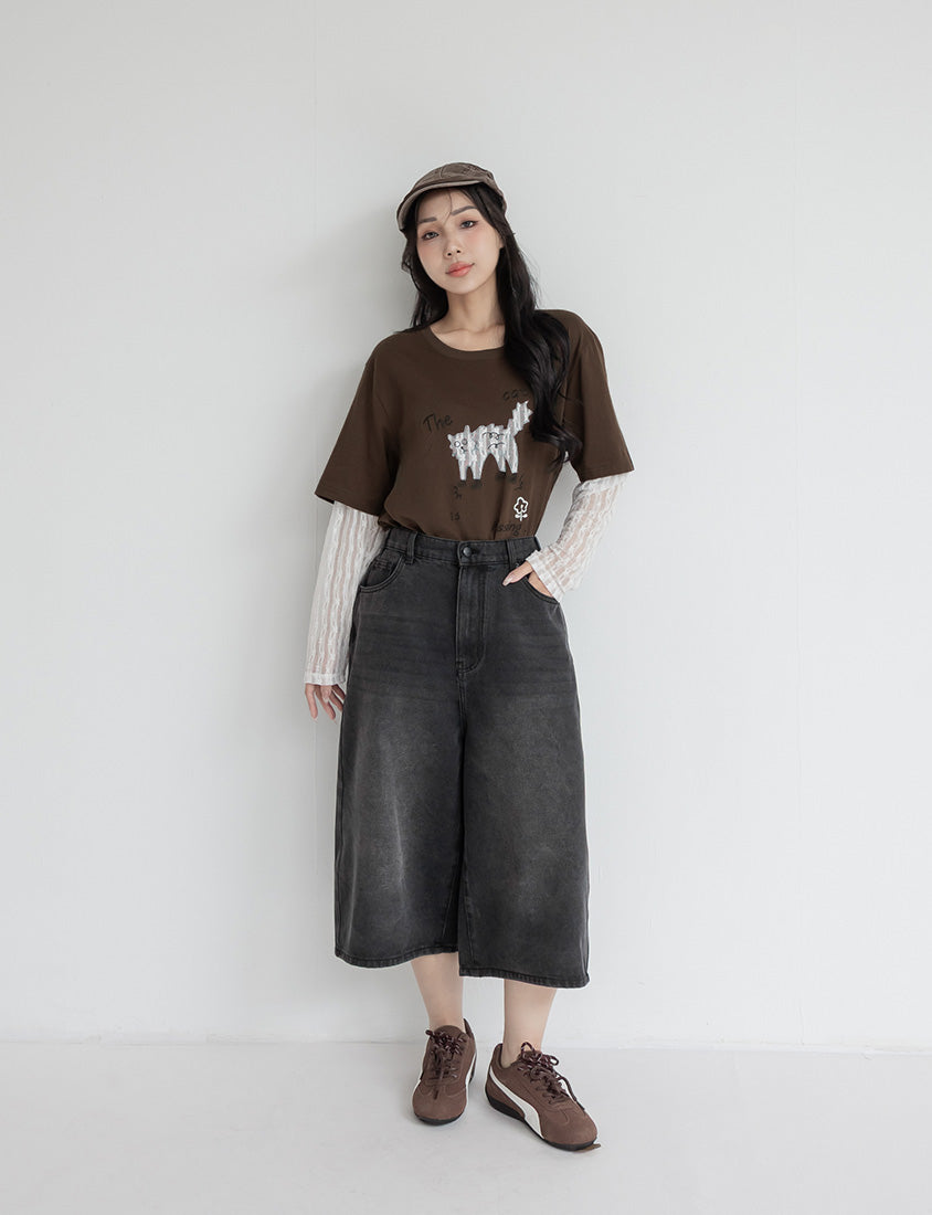 Contrast Lace Cat Faux Two-Piece Plus Size Tee