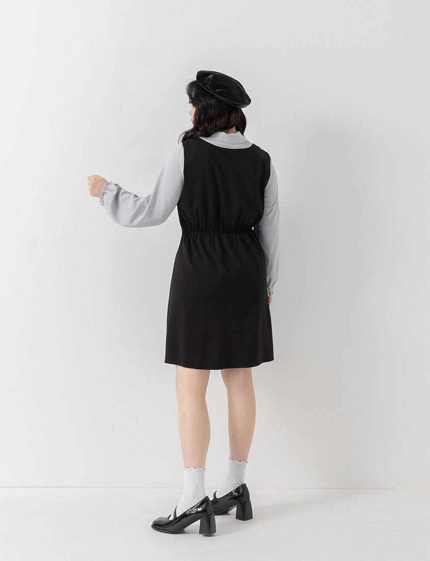 Preppy Contrast Color Faux Two-Piece Plus Size Mini Dress (With Tie)