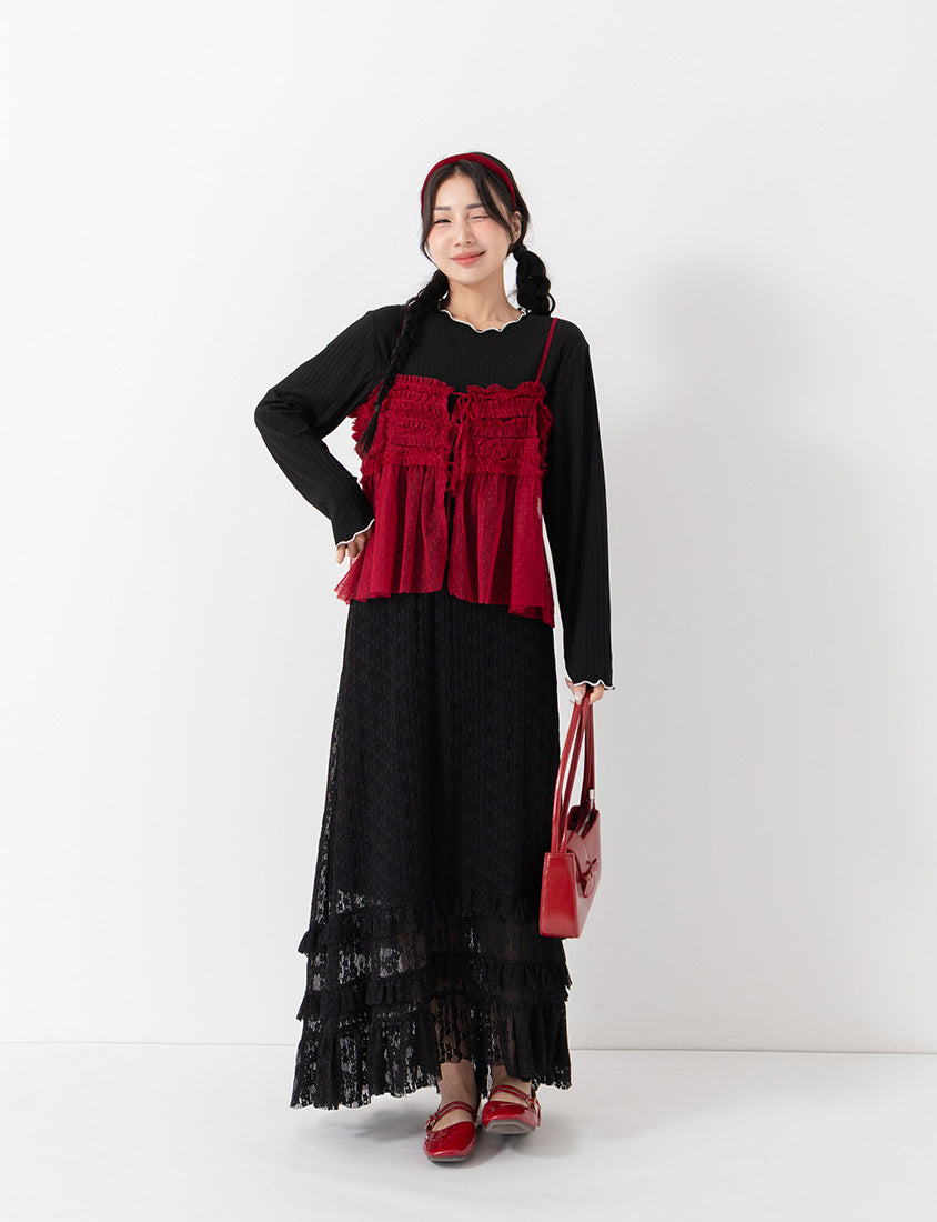 Soft Wide Ribbed Ruffle-Trim Long Sleeve Plus Size Top