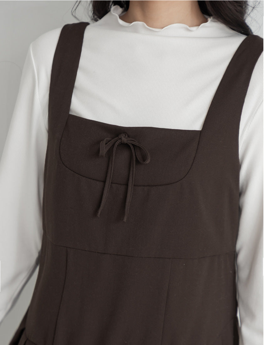 Square Neck Tie-Front Pleated Pinafore Plus Size Mini Dress